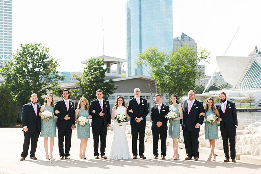 bridal party portrait, discovery world downtown milwaukee wisconsin, organic romantic elegant + modern city wedding day, greenery blue and neutrals, photo by laurelyn savannah photography