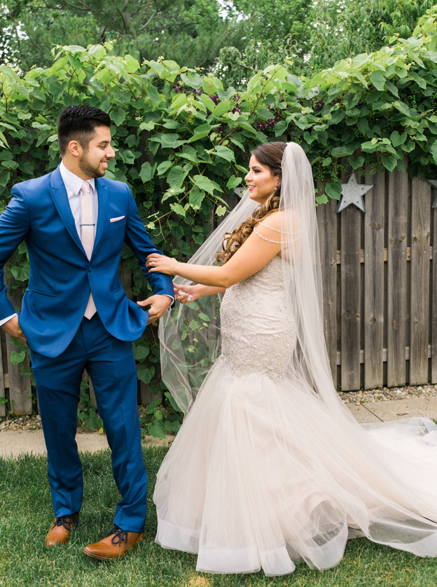 first look, chic industrial chicago, IL wedding at winnetka community house and ignite glass studios, blush pink and gold colors, photo by Laurelyn Savannah Photography - 12