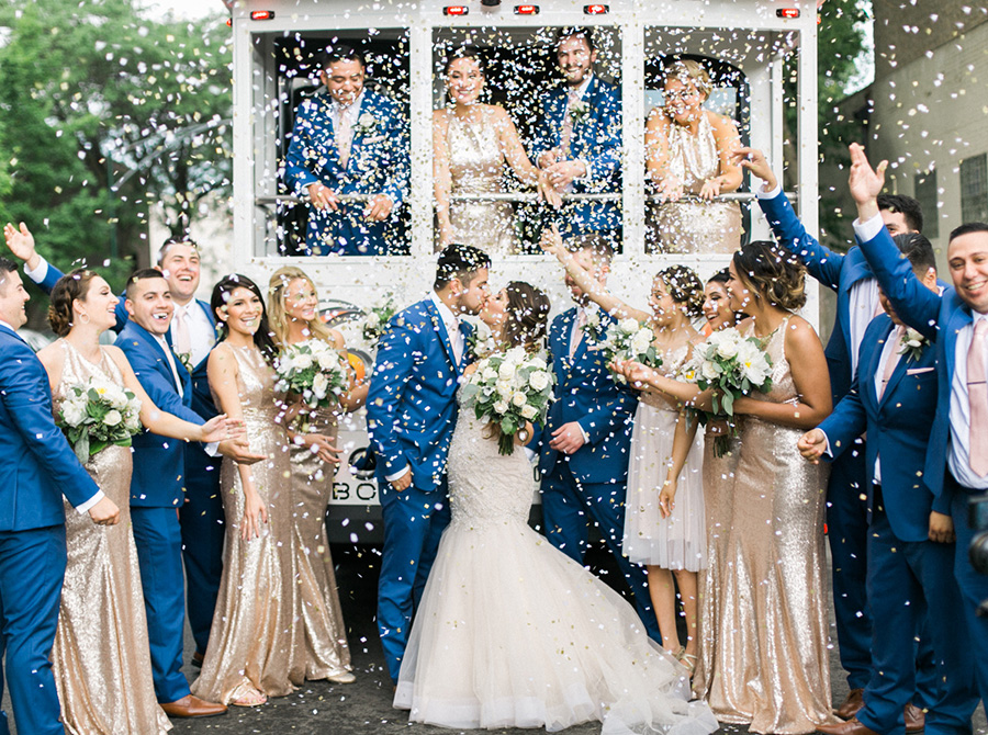 bridal party confetti toss and kiss, chic industrial chicago, IL wedding at winnetka community house and ignite glass studios, blush pink and gold colors, photo by Laurelyn Savannah Photography - 48