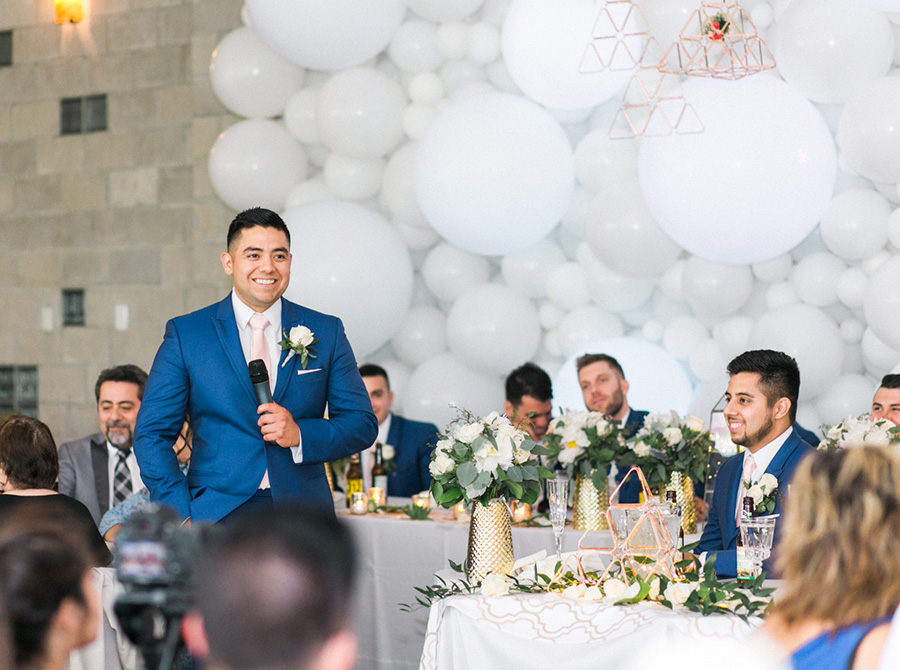 best man toast with white balloons, chic industrial chicago, IL wedding at winnetka community house and ignite glass studios, blush pink and gold colors, photo by Laurelyn Savannah Photography - 55