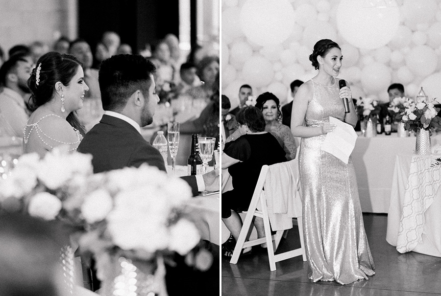 maid of honor toast, chic industrial chicago, IL wedding at winnetka community house and ignite glass studios, blush pink and gold colors, photo by Laurelyn Savannah Photography - 56