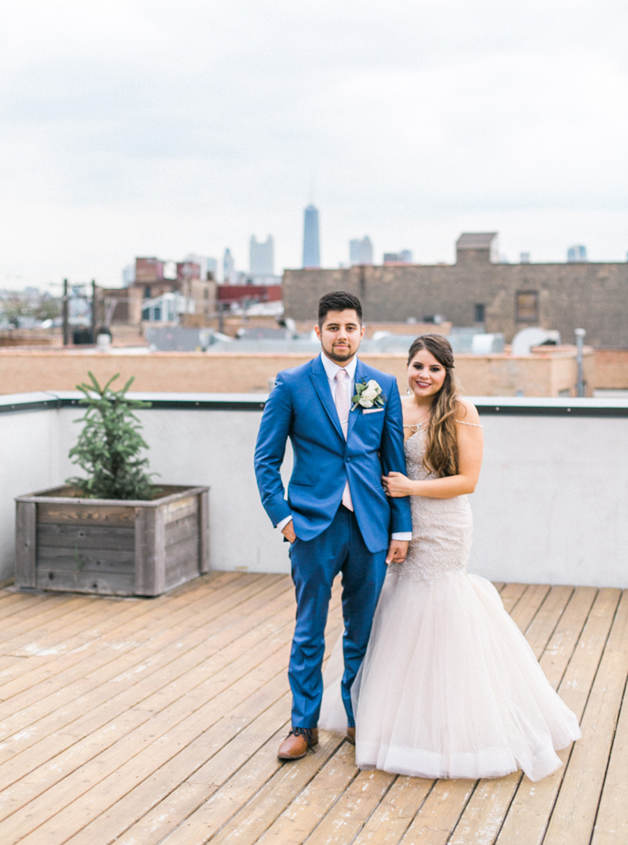bride and groom sunset rooftop portrait, chic industrial chicago, IL wedding at winnetka community house and ignite glass studios, blush pink and gold colors, photo by Laurelyn Savannah Photography - 58