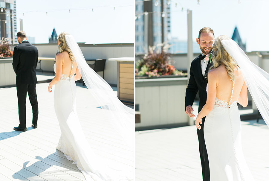 bride and groom first look for milwaukee athletic club elegant classic wedding, blush bridesmaids and belle fiori flowers, romantic summer wedding, photo by laurelyn savannah photography