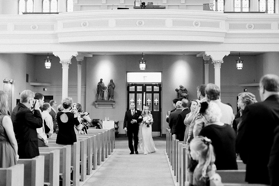 bride coming down the aisle for milwaukee athletic club elegant classic wedding, blush bridesmaids and belle fiori flowers, romantic summer wedding, photo by laurelyn savannah photography