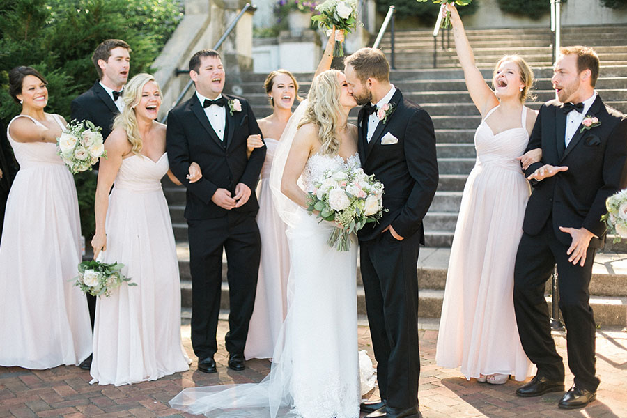 bridal party at lake park and milwaukee athletic club elegant classic wedding, blush bridesmaids and belle fiori flowers, romantic summer wedding, photo by laurelyn savannah photography 3