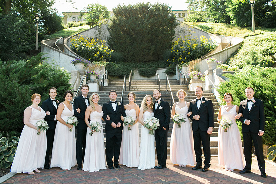 bridal party at lake park and milwaukee athletic club elegant classic wedding, blush bridesmaids and belle fiori flowers, romantic summer wedding, photo by laurelyn savannah photography 7
