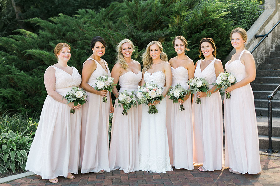 bridesmaids at lake park and milwaukee athletic club elegant classic wedding, blush bridesmaids and belle fiori flowers, romantic summer wedding, photo by laurelyn savannah photography 10