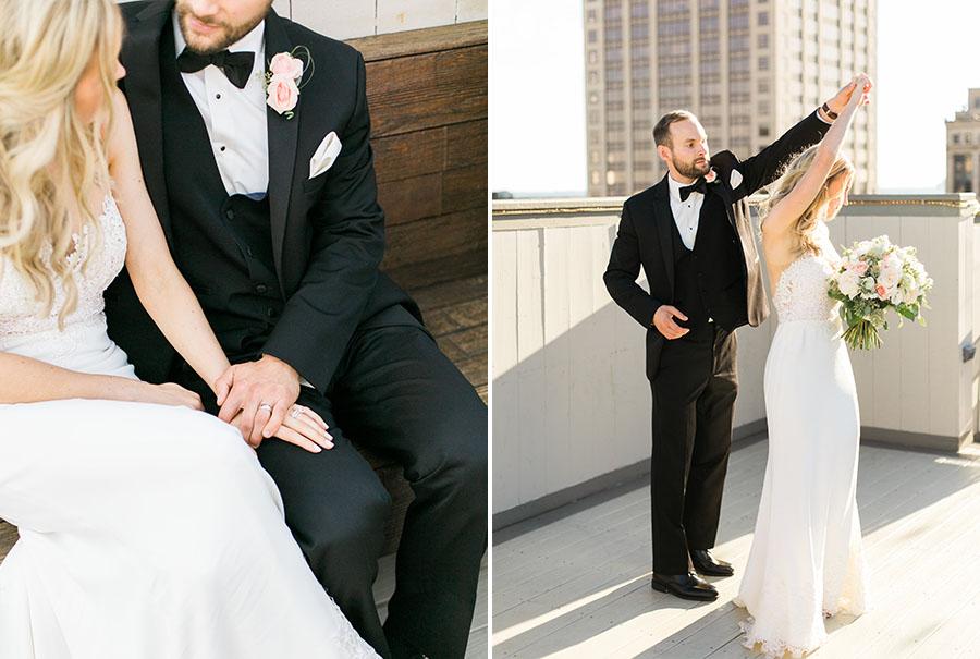 rooftop bride and groom portraits at milwaukee athletic club elegant classic wedding, blush bridesmaids and belle fiori flowers, romantic summer wedding, photo by laurelyn savannah photography 1