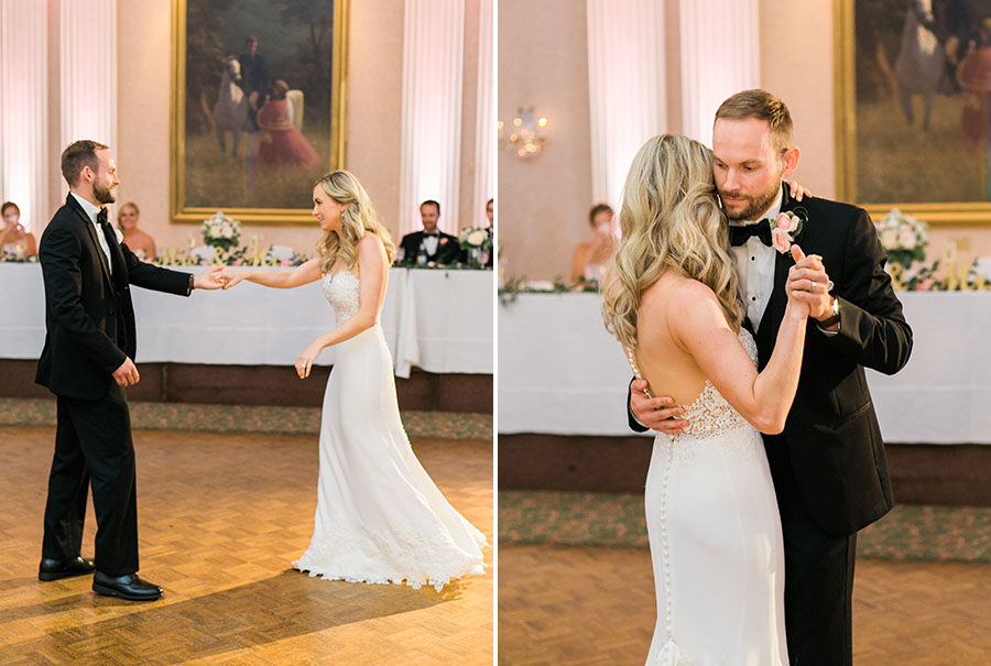 bride and groom first dance at milwaukee athletic club elegant classic wedding, blush bridesmaids and belle fiori flowers, romantic summer wedding, photo by laurelyn savannah photography 1