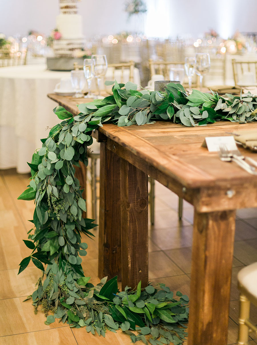 reception table centerpiece garland, romantic and organic wedding at the ridge hotel in lake geneva, wisconsin, with elegant neutral colors, photo by laurelyn savannah photography 47