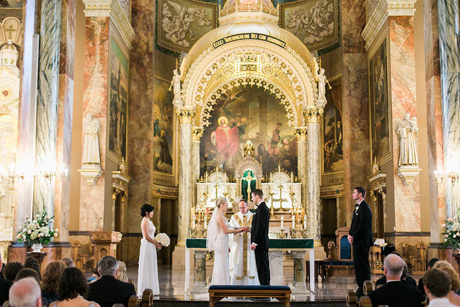 ceremony, romantic and modern wedding at the basilica of st josaphat and milwaukee county historical society, wisconsin, elegant neutral white ivory colors, photo by laurelyn savannah photography 21