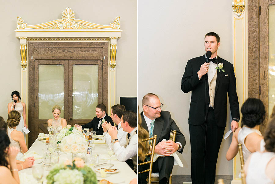 reception toast speech, romantic and modern wedding at the basilica of st josaphat and milwaukee county historical society, wisconsin, elegant neutral white ivory colors, photo by laurelyn savannah photography 43