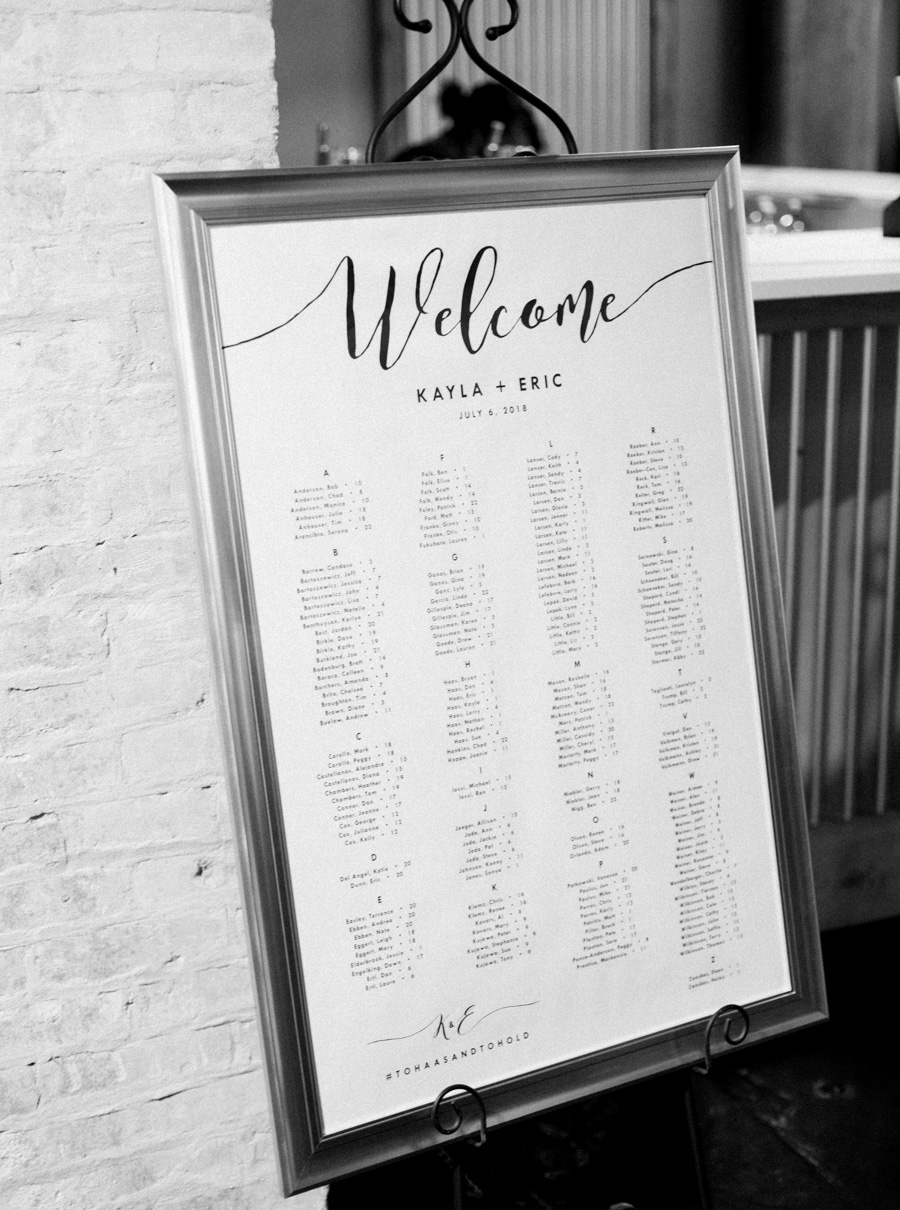reception sign, Blue Watercolor-Inspired, elegant downtown modern wedding along the Milwaukee River in Wisconsin, photo by Laurelyn Savannah Photography 27