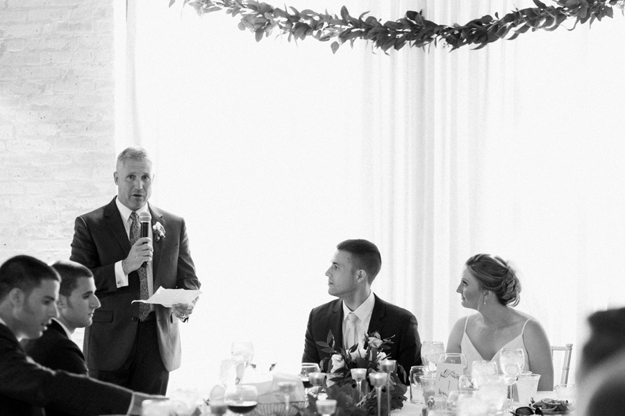 father of the bride speech, Blue Watercolor-Inspired, elegant downtown modern wedding along the Milwaukee River in Wisconsin, photo by Laurelyn Savannah Photography 37