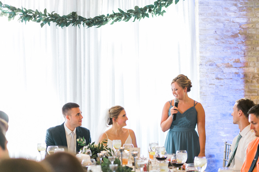 maid of honor speech toast, Blue Watercolor-Inspired, elegant downtown modern wedding along the Milwaukee River in Wisconsin, photo by Laurelyn Savannah Photography 38
