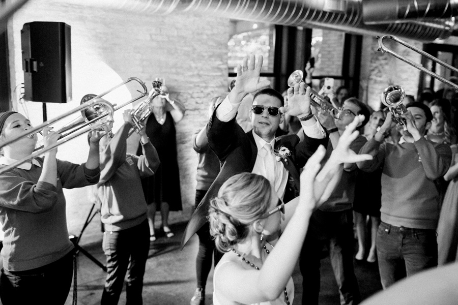 uw-madison badger band dance, Blue Watercolor-Inspired, elegant downtown modern wedding along the Milwaukee River in Wisconsin, photo by Laurelyn Savannah Photography 44