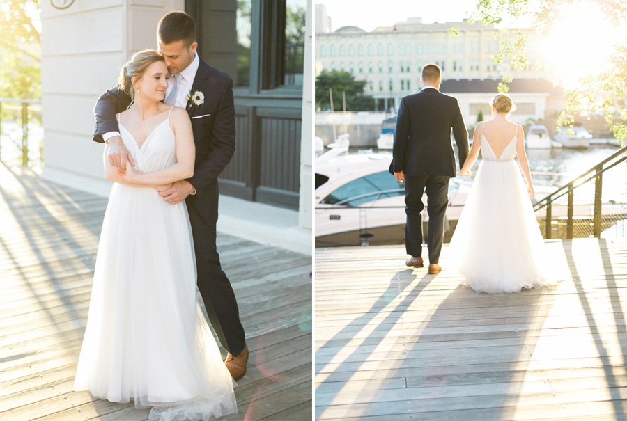 bride and groom sunset portrait, Blue Watercolor-Inspired, elegant downtown modern wedding along the Milwaukee River in Wisconsin, photo by Laurelyn Savannah Photography 47