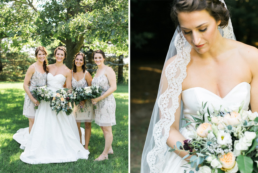 bride and bridesmaids, outdoor tented private estate wedding in a field in wisconsin, gold and blue colors, photo by laurelyn savannah photography 7