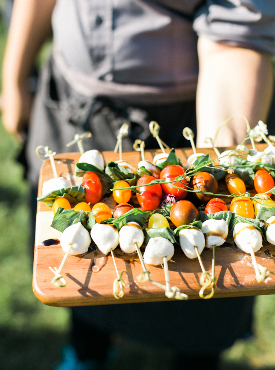 cocktail hour appetizers by tall guy and a grill, outdoor tented private estate wedding in a field in wisconsin, gold and blue colors, photo by laurelyn savannah photography 28