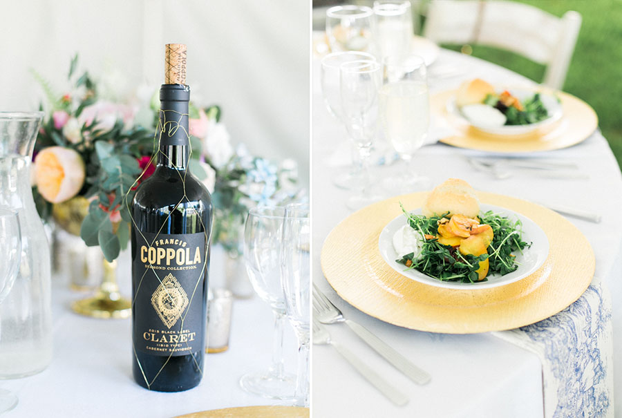 summer salad by tall guy and a grill, outdoor tented private estate wedding in a field in wisconsin, gold and blue colors, photo by laurelyn savannah photography 29