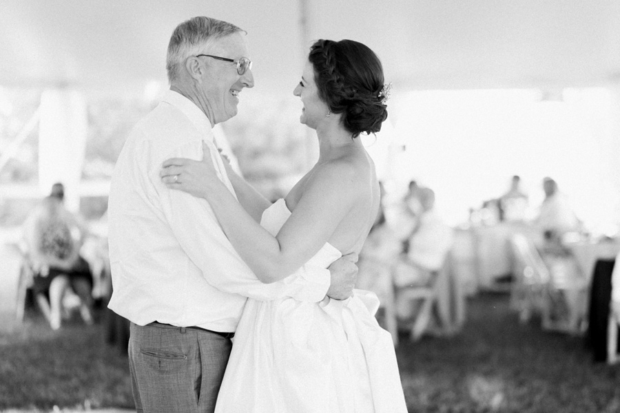 bride and father dance, outdoor tented private estate wedding in a field in wisconsin, gold and blue colors, photo by laurelyn savannah photography 38