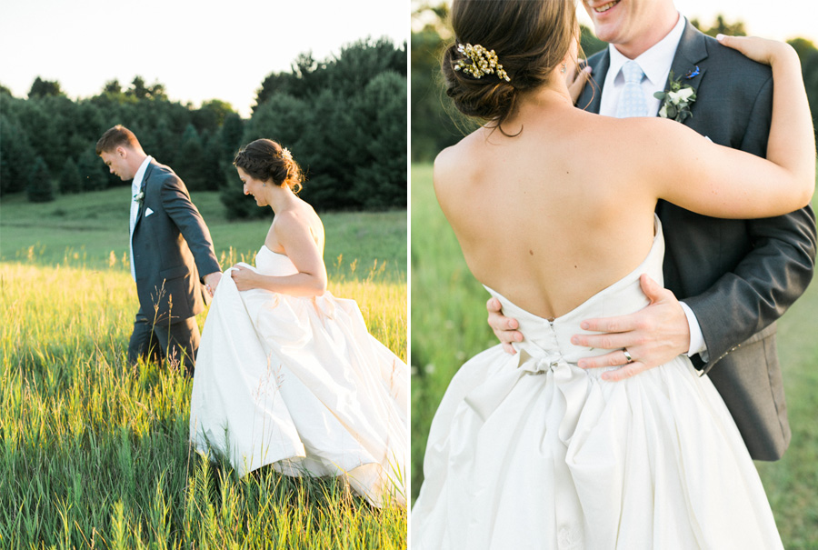 bride and groom sunset portraits, outdoor tented private estate wedding in a field in wisconsin, gold and blue colors, photo by laurelyn savannah photography 41