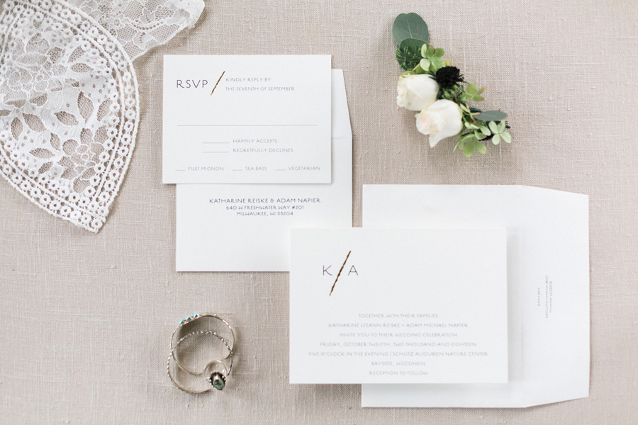 modern gold invitation suite for a boho outdoor wedding at Schlitz Audubon Nature Center in Milwaukee, Wisconsin, photo by Laurelyn Savannah Photography 10
