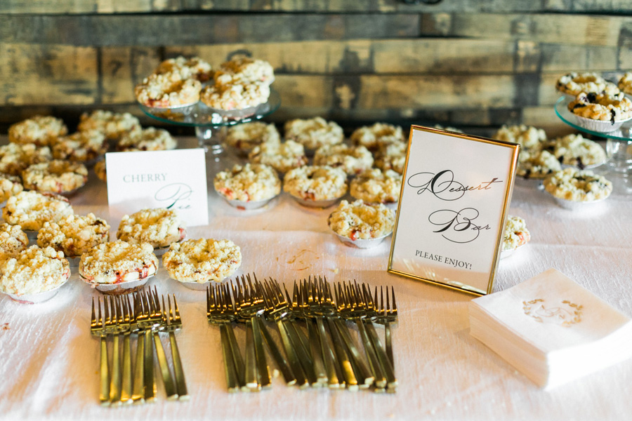 reception dessert pies, classic and romantic black tie and gold wedding in downtown Green Bay, Wisconsin, photo by Laurelyn Savannah Photography