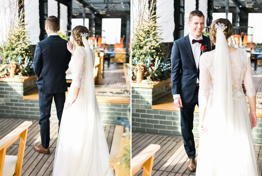 first look, classic, romantic gold and burgundy red winter wedding in downtown Milwaukee, Wisconsin, photo by Laurelyn Savannah Photography