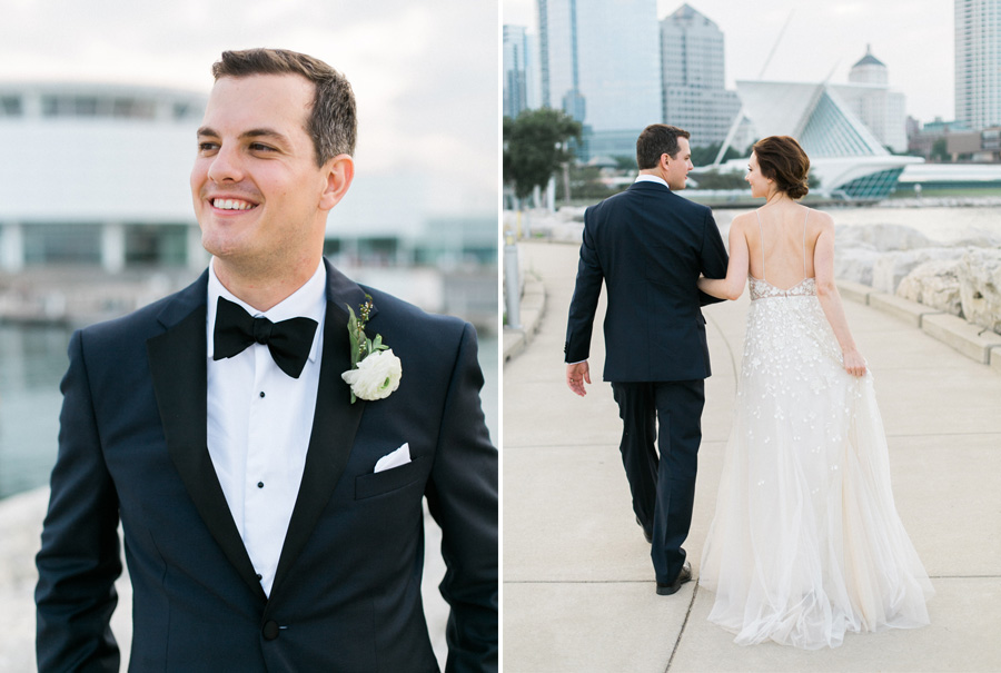 bride and groom portraits at Discovery World new pavilion, elegant and modern lakefront wedding in downtown Milwaukee, Wisconsin with NYC flair, photo by Laurelyn Savannah Photography