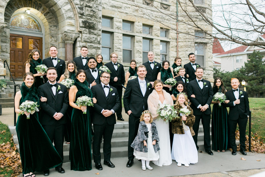bridal party portrait, velvet dresses, elegant green and gold fall wedding at Historic Courthouse 1893 in Waukesha Milwaukee, Wisconsin, photo by Laurelyn Savannah Photography
