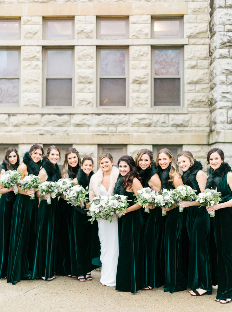 bridal party portrait, velvet dresses, elegant green and gold fall wedding at Historic Courthouse 1893 in Waukesha Milwaukee, Wisconsin, photo by Laurelyn Savannah Photography