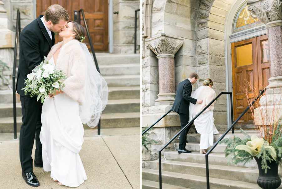 bride and groom portrait, elegant green and gold fall wedding at Historic Courthouse 1893 in Waukesha Milwaukee, Wisconsin, photo by Laurelyn Savannah Photography