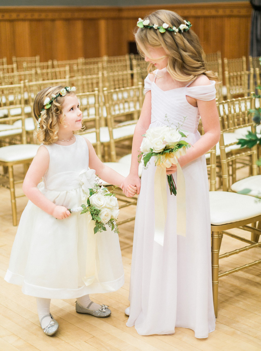 flower girls, elegant green and gold fall wedding at Historic Courthouse 1893 in Waukesha Milwaukee, Wisconsin, photo by Laurelyn Savannah Photography