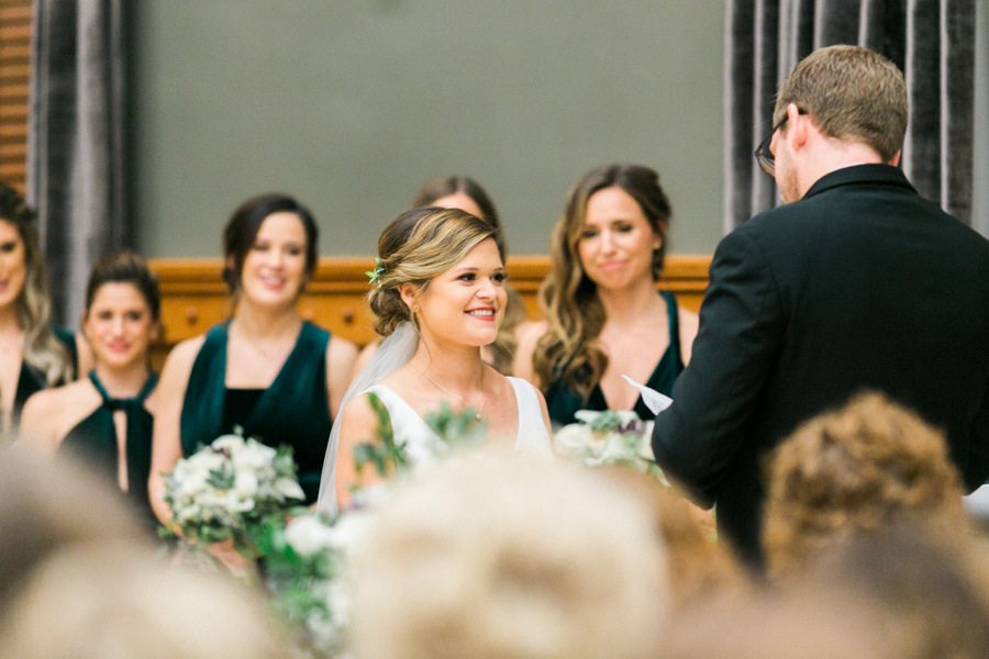 ceremony, elegant green and gold fall wedding at Historic Courthouse 1893 in Waukesha Milwaukee, Wisconsin, photo by Laurelyn Savannah Photography