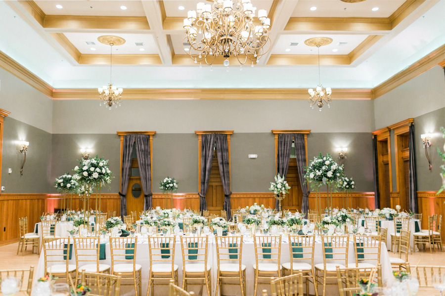 reception table decor, elegant green and gold fall wedding at Historic Courthouse 1893 in Waukesha Milwaukee, Wisconsin, photo by Laurelyn Savannah Photography