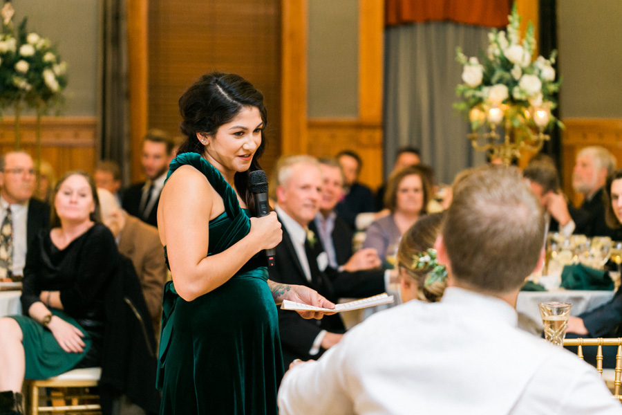 reception toast, elegant green and gold fall wedding at Historic Courthouse 1893 in Waukesha Milwaukee, Wisconsin, photo by Laurelyn Savannah Photography