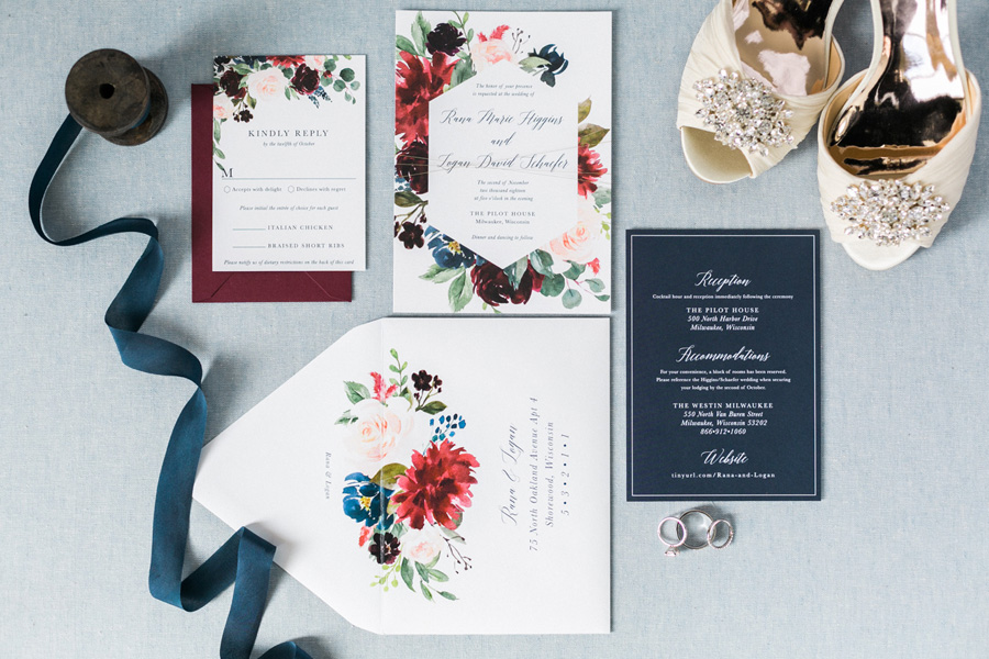 invitation suite by mint and lovely, romantic navy and gold and burgundy red fall wedding at Discovery World in downtown Milwaukee, Wisconsin, photo by Laurelyn Savannah Photography