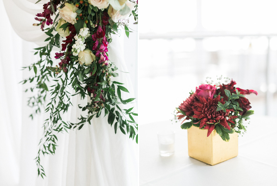ceremony decor, romantic navy and gold and burgundy red fall wedding at Discovery World in downtown Milwaukee, Wisconsin, photo by Laurelyn Savannah Photography