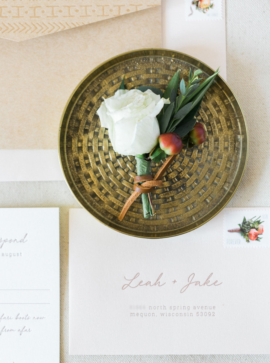 letterpress invitation suite, glamping and chic safari romantic outdoor wedding at Milwaukee County Zoo, Wisconsin, photo by Laurelyn Savannah Photography