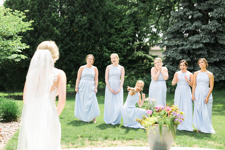 bride and bridesmaids getting ready, classic, elegant and romantic blue and white wedding in downtown Madison, Wisconsin, and Blackhawk Country Club, photo by Laurelyn Savannah Photography