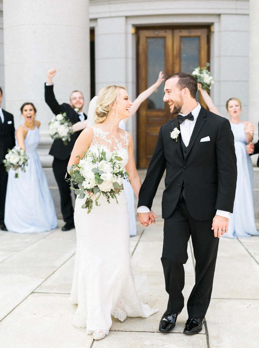 bride and bridal party portraits, classic, elegant and romantic blue and white wedding in downtown Madison, Wisconsin, and Blackhawk Country Club, photo by Laurelyn Savannah Photography