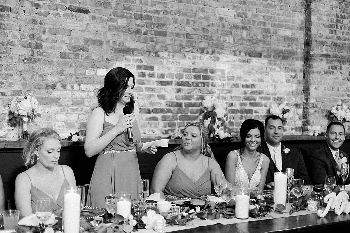 reception toast speech, romantic lavender wisconsin wedding at mercantile hall, photo by laurelyn savannah photography