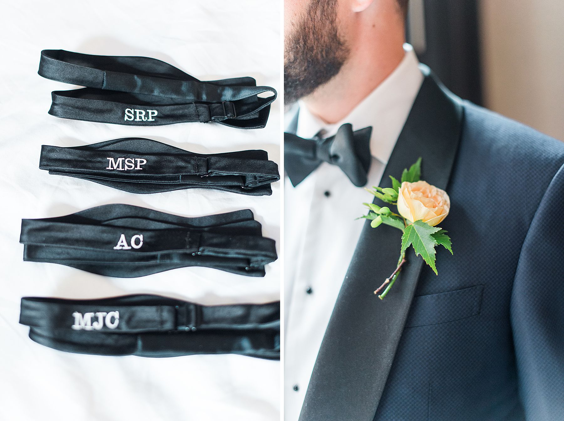 groom's boutonniere in soft coral orange yellow tone and groomsmen bow ties 