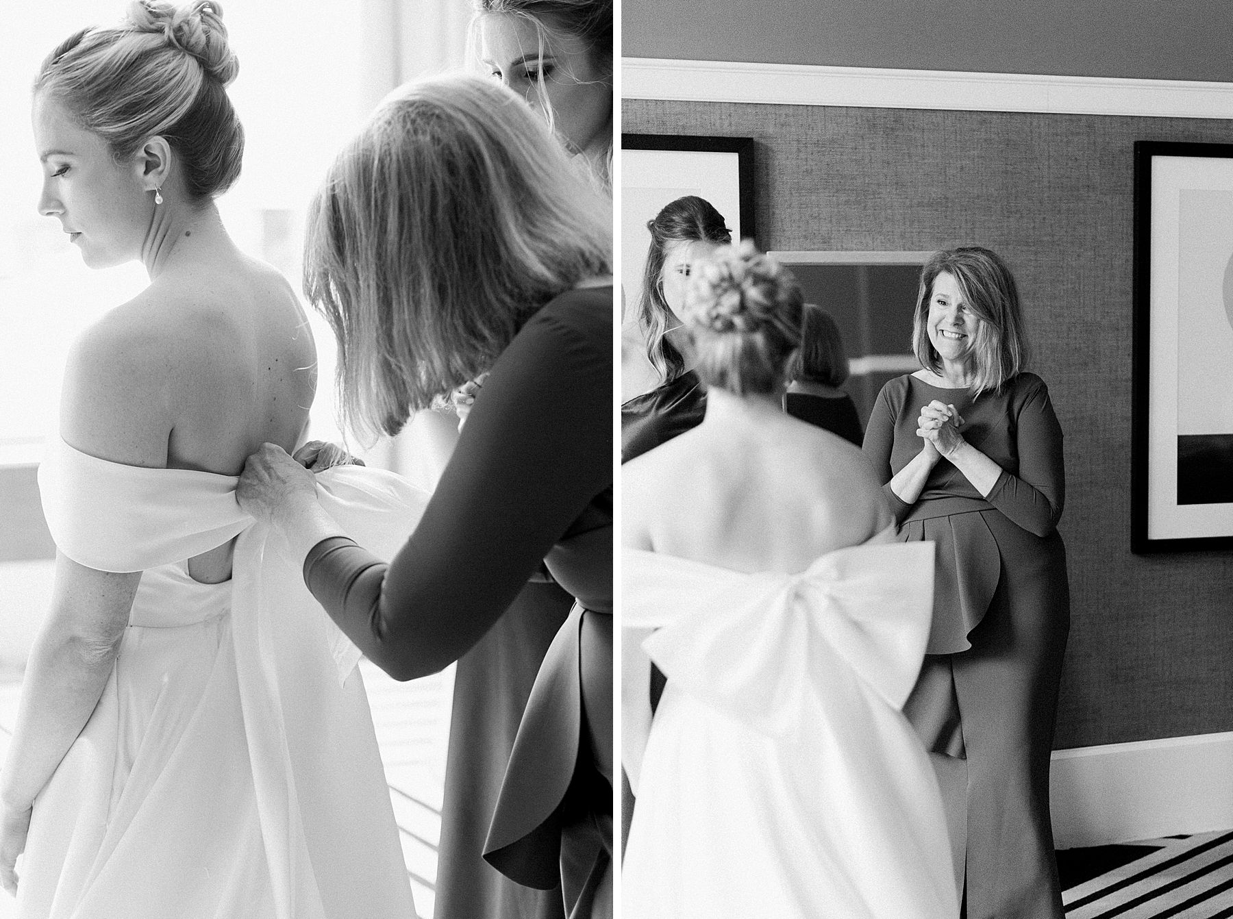 bride getting dressed in her bridal gown