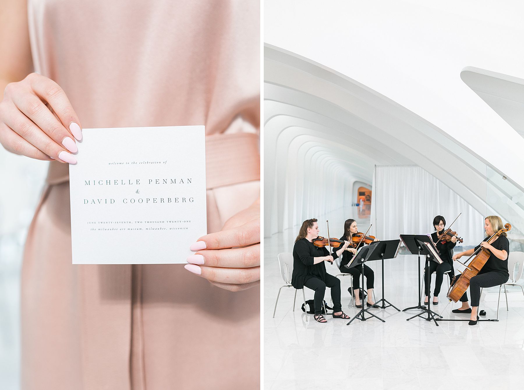 wedding invitation simple modern and white with wedding ceremony orchestra quartet live music