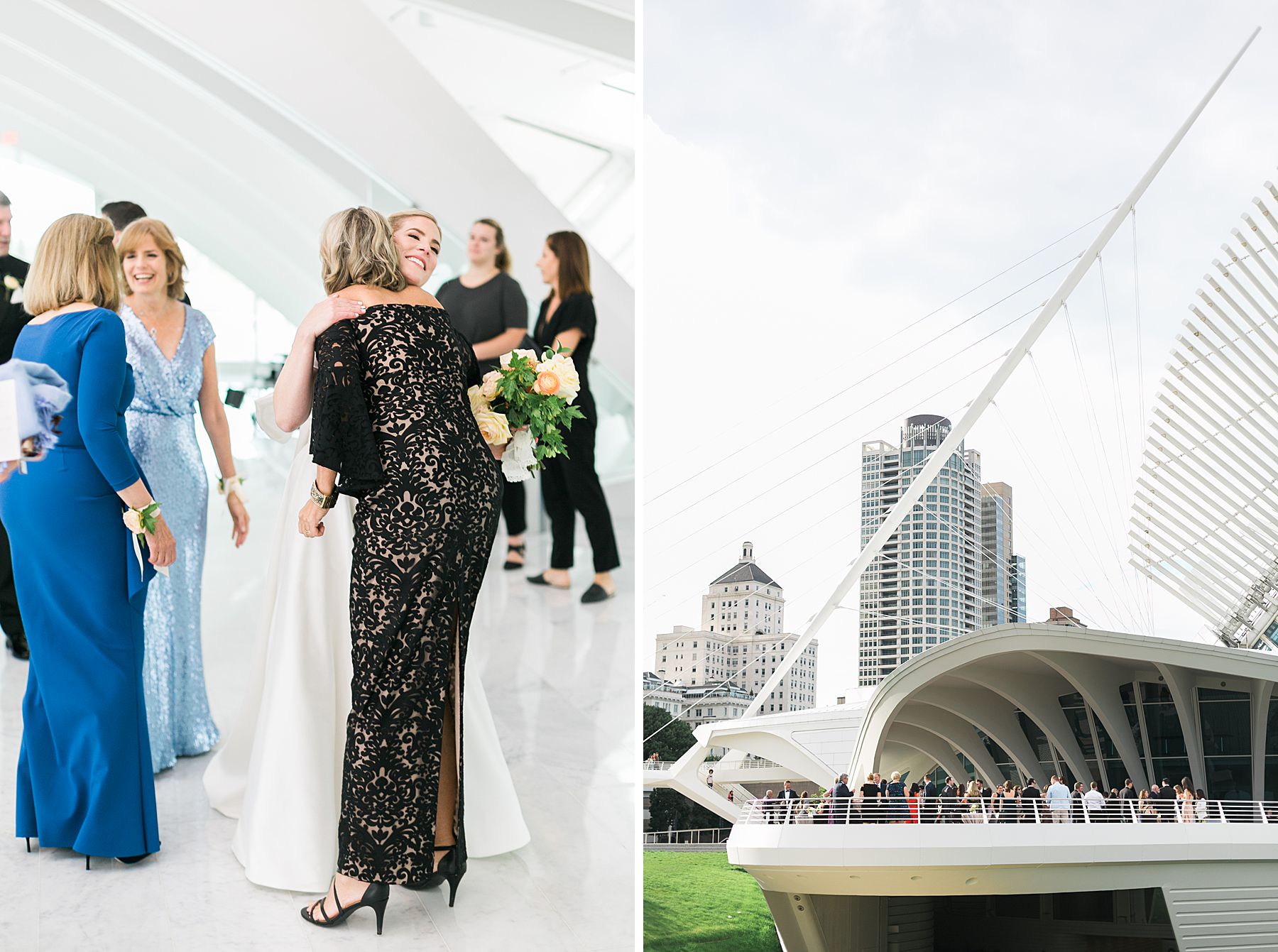cocktail hour at modern minimal white and feminine pastel wedding at milwaukee art museum in downtown milwaukee