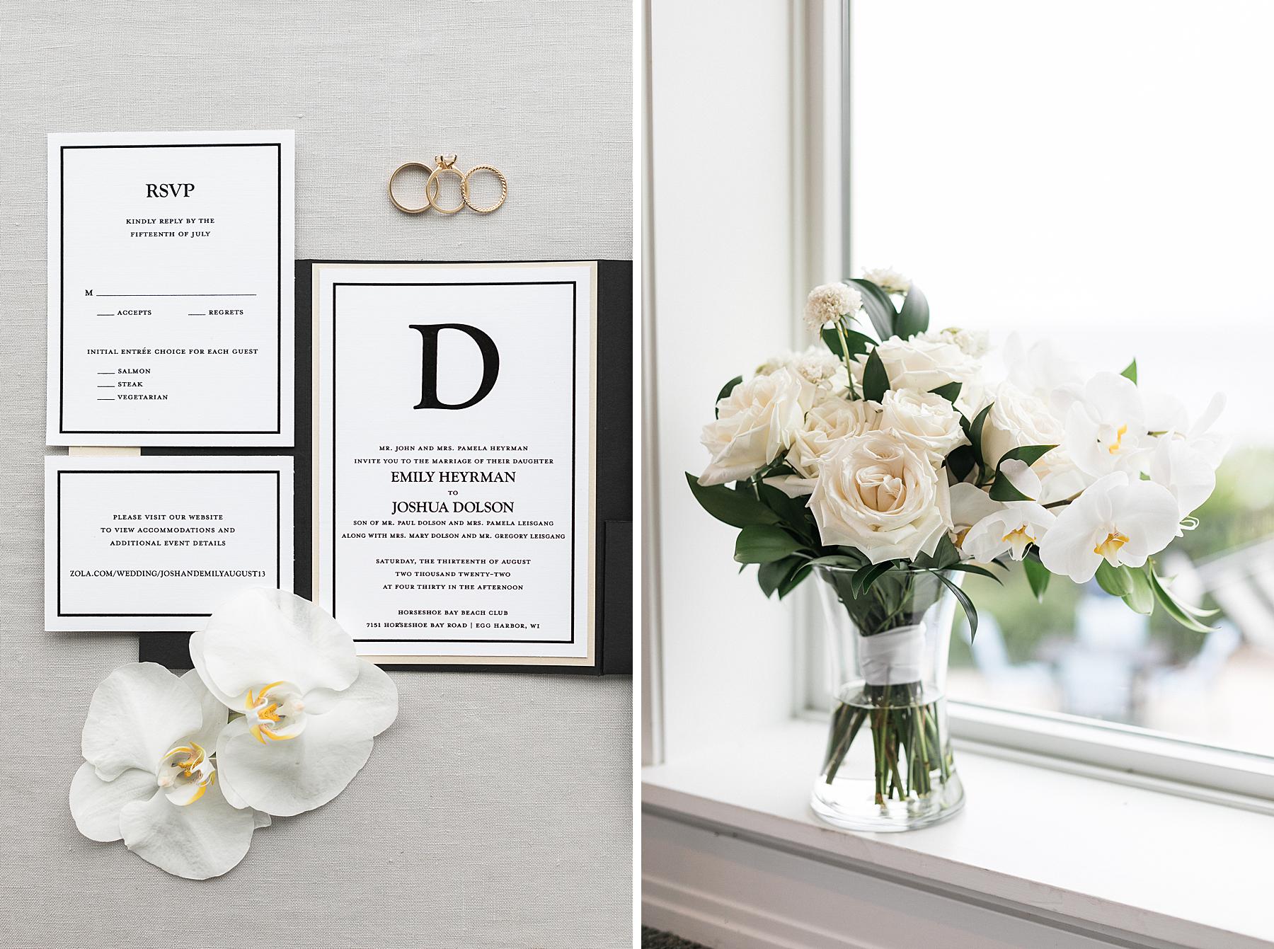 wedding invitation suite classic black and white design, and white traditional bridal bouquet