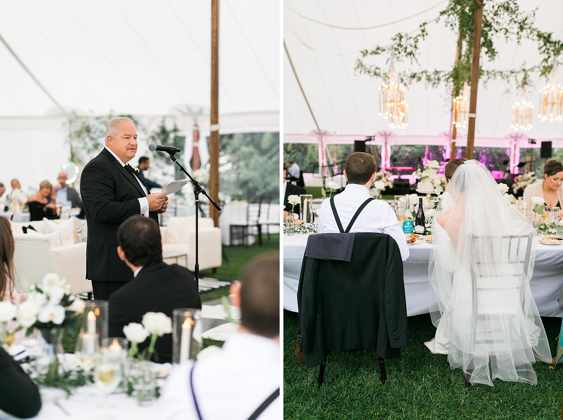 speech toast to newlyweds in a tented wedding reception, at horseshoe bay beach club in door county