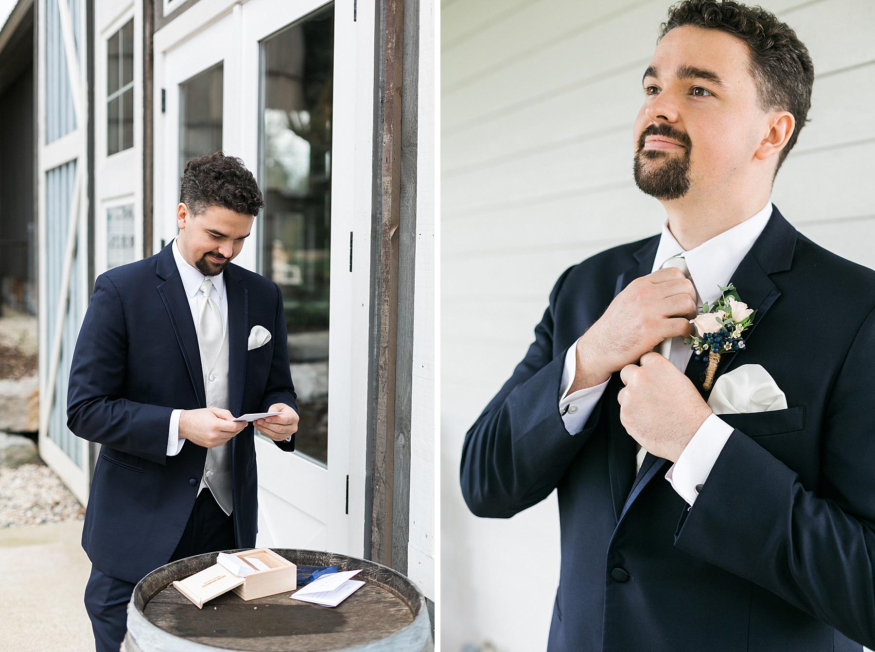 groom getting ready and opening wedding day gift from bride